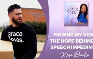 Pastor Kore Bendix carrying a box while wearing a 'grace loves' sweatshirt, with text overlay reading 'Finding My Voice: The Hope Behind My Speech Impediment' and a podcast logo featuring host Beverley Boothe.